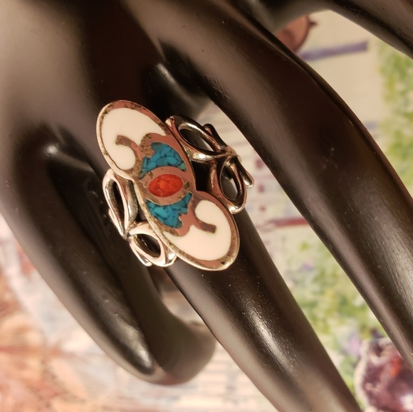 Vintage 1970s Inlaid Turquoise Coral Ring - Picture 1 of 3